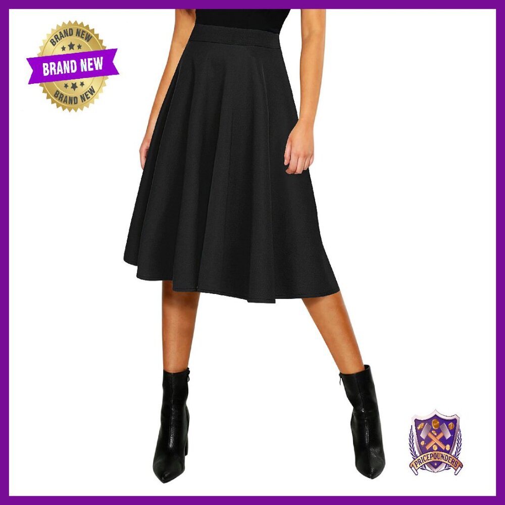 Elastic Waist A-Line Midi Skirt, Flared Skater Style, Pleated Design